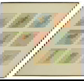 Darrell Crisp (20th Century) American, Nine Watercolors: Darrell Crisp (20th Century) American, Nine Watercolors. Signed and dated May 1972 bottom right on bottom right square. Signed and inscribed with address and title "9 Sets of 2" on verso. Depicts