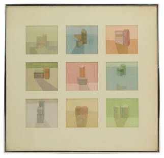 Darrell Crisp (20th C) American, Nine Watercolors: Darrell Crisp (20th Century) American, Nine Watercolors. Signed and dated May 1972 bottom right on bottom right square. Signed and inscribed with address and title "9 Sets of 2" on verso. Depicts geom