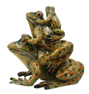 Sergio Bustamante (b. 1949) Mex, Frog Sculpture: Painted papier mache sculpture of a trio of frogs in vertical stack, approximately 40-50 years old. Numbered 46/100, signed. Condition: Restoration on broken foot. Restored by one of Bustamante's stud