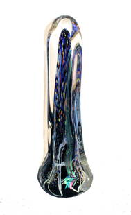 Rollin Karg (b.1944) American, Statuesque Glass Sculpture: Rollin Karg (American, b. 1944) Impressive art glass sculpture. A tall fused glass sculpture with a dark core streaked with bright lines of iridescent glass, with a clear glass surface. Incise