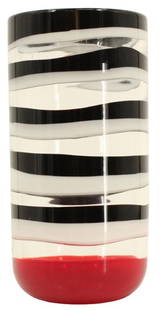 Gianni Versace for Venini Murano Glass Vase: Italian glass vase in clear, white, and black stripes with red base. Designed and signed by Gianni Versace for Venini Italy, incise signature and date 1998/1999. With Made in Murano sticker. Size: 5