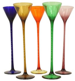 (5) Jewel Tone Long Stem Cordial Glasses