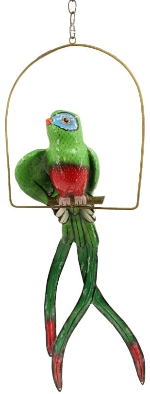 Tonala Jal (Mexican) Papier Mache Quetzal: Quetzal - Aztec national bird that will die if kept in captivity. Painted paper mache in brass swing. Signed by Tonala Jal on perch. Small green bird with long tail feathers. Red chest and details. Si