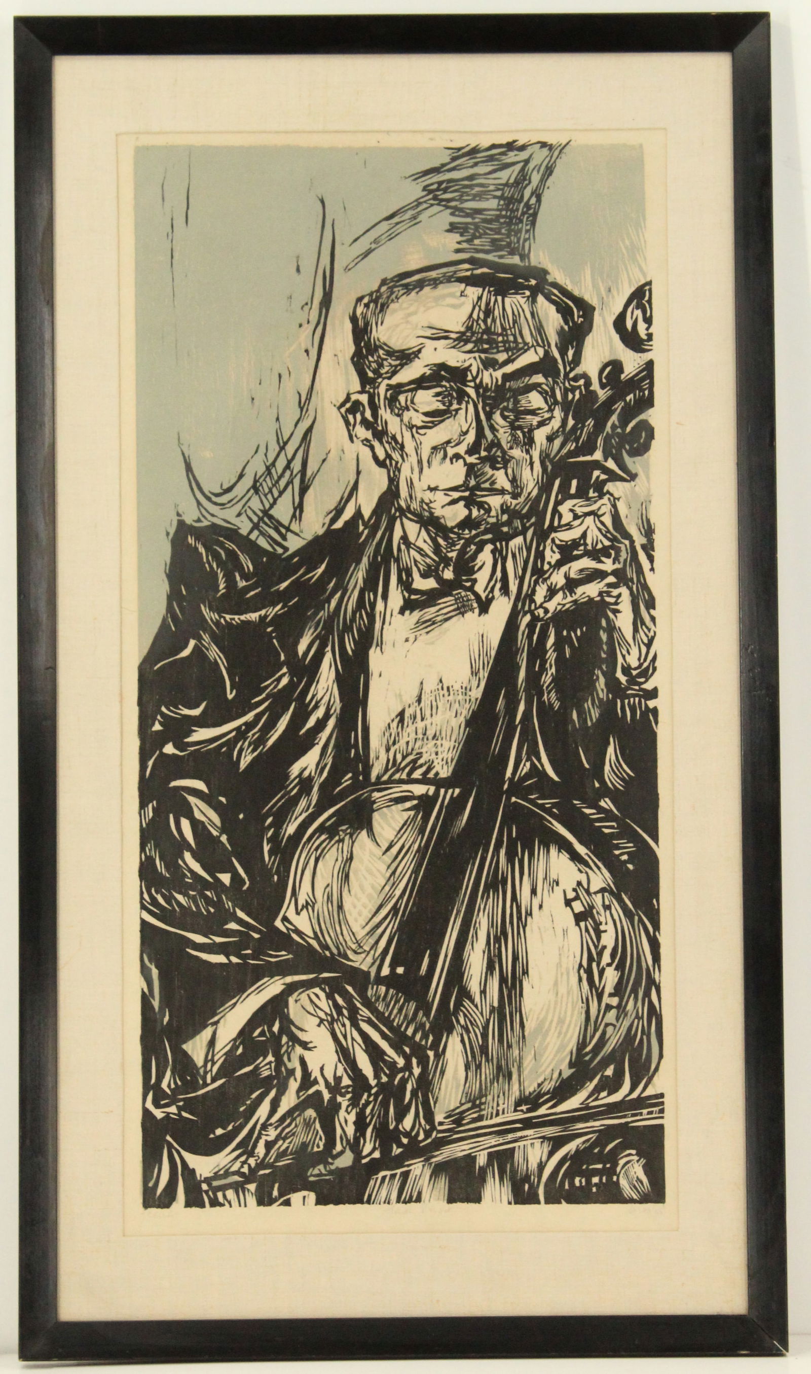 Mervin Jules (American, 1912-1994) Woodblock: Mervin Jules (American, 1912-1994) woodblock. Titled "Cellist", lower left. Signed and dated "Jules '56", lower right. Artist Biography (Smithsonian American Art Museum): Mervin Jules attended Baltimo