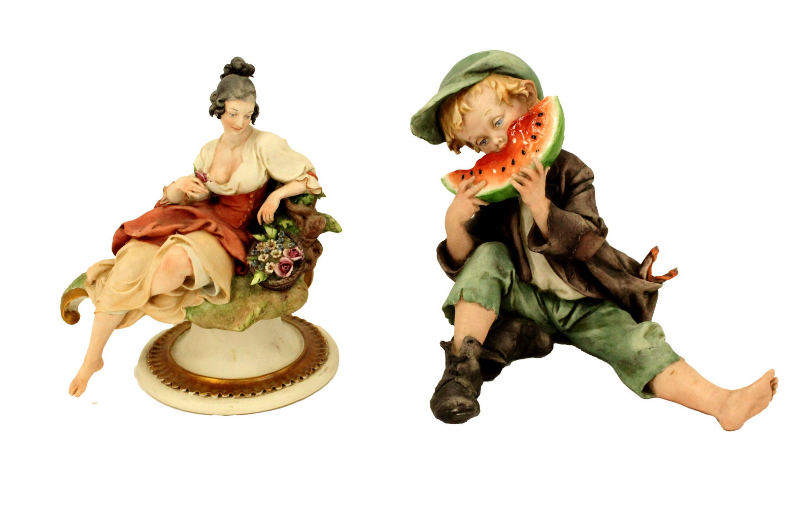 Two Italian Porcelain Figurines: Two Italian porcelain figurines; C. Galle figural "Woman With Flowers", Capodimonte "Boy Eating Watermelon".Size: 8 x 7 x 6 3/4 in. $1096 Location A1