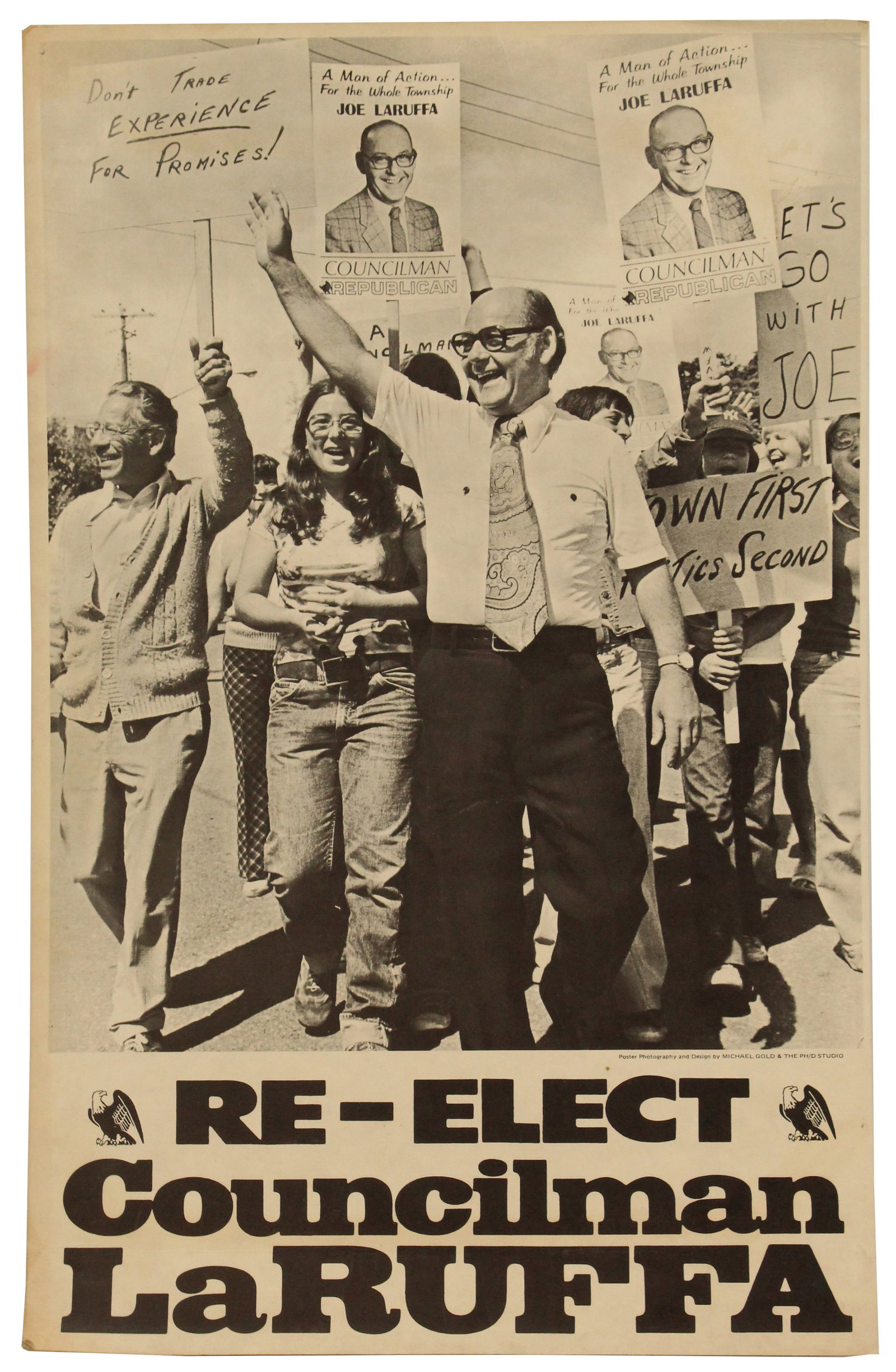 Re-Elect La Ruffa 1960s Campaign Poster: Campaign poster from 1960s Hurleyville, NY, "Re-elect Congressman LaRuffa". Photo by Michael Gould, poster produced by the PH/D Studio.Size: 22 x 14 in. #8 #1772
