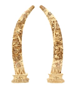 Pair of Chinese Bone Tusk-shaped Carved Sculptures