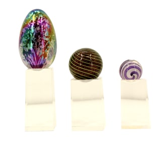 (3) Art Glass Paperweights/Marbles with Pedestals