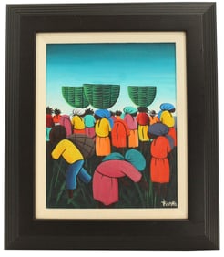 Signed Thomas Oil on Canvas Haitian Market Crowd