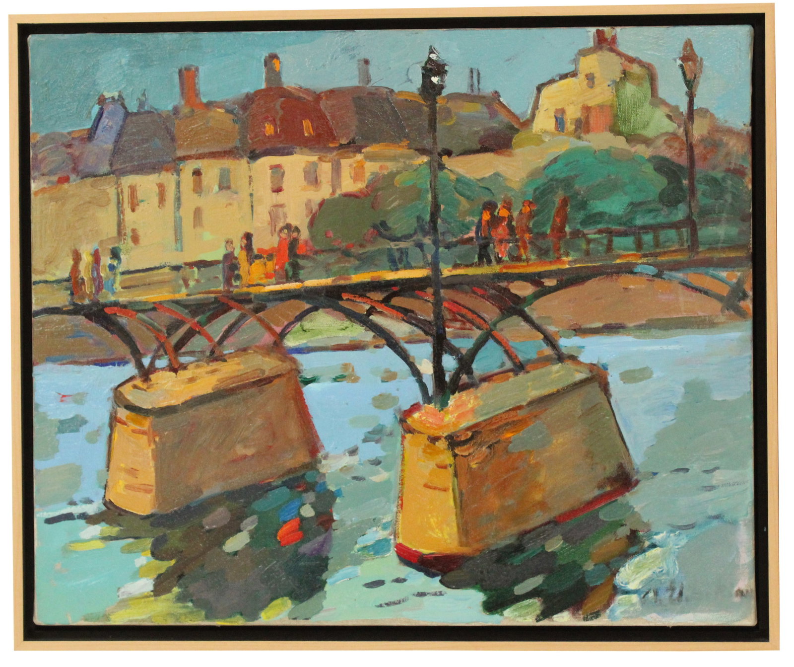Oil on Canvas Impressionist Landscape: Oil on canvas impressionist landscape of a river bridge, with town in background. Unsigned.Overall Size: 16 x 19 1/8 in. Sight Size: 15 x 18 in. Frame Thickness: 1 3/4 in. #1187