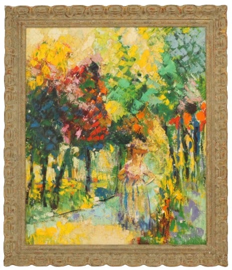 Brian Cortell Oil on Canvas Impasto Abstract: Brian Cortell Oil on Canvas Impasto Abstract. Abstract oil on canvas depicting women walking in woods. Name along bottom. Condition: Small amount of paint loss. Overall Size: 42 x 36 1/4 in. Sight Siz