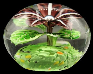 Floral Purple & Green Art Glass Paperweight