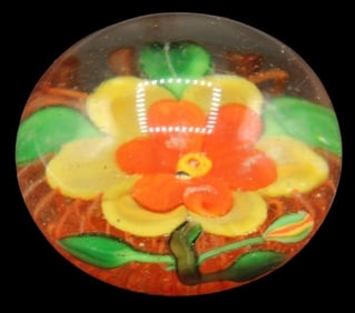 Floral Yellow & Orange Art Glass Paperweight