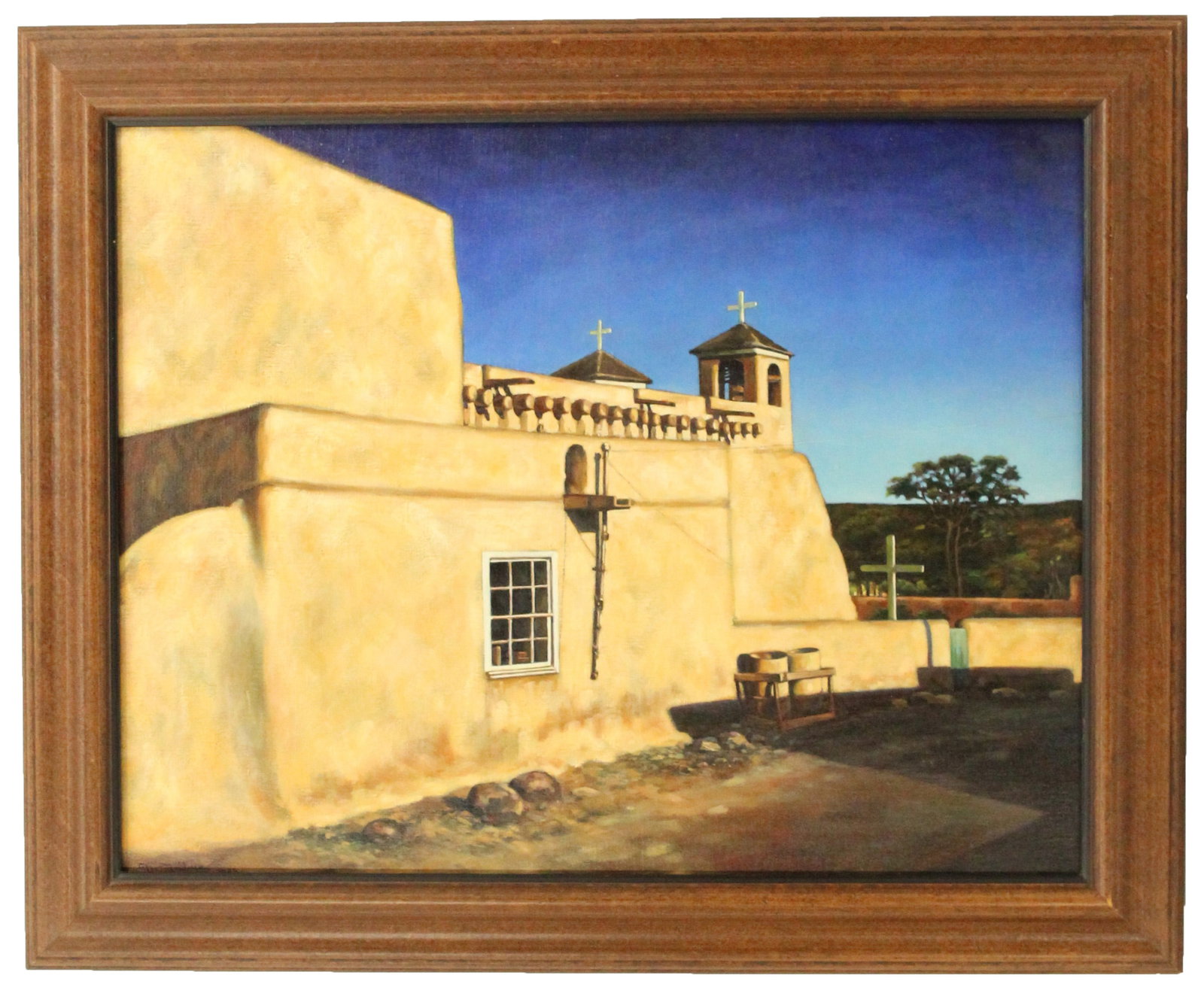 Mikael Melbye (B 1955) Danish, Oil on Canvas: Mikael Melbye (B 1955) Danish, Oil on Canvas. Signed and dated 1983 bottom left. Depicts Spanish colonial Catholic church in a realist style. Overall size: 27 1/2 X 33 1/4 in. Sight size: 21 1/4 X 27 