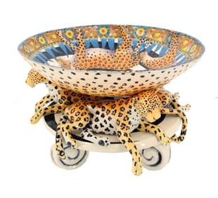 Dan Nisha Art Pottery Triple Leopard Stand & Bowl