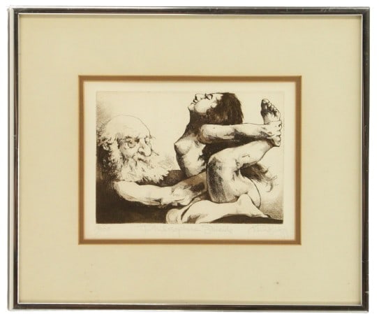 Charles Bragg (1931-2017) US, Limited Etching: Charles Bragg (American, 1931-2017) erotic etching, "Philosopher's Suicide". Titled bottom middle, signed lower right. Numbered 76/100 lower left.Overall Size: 11 1/4 x 13 1/4 in. Sight Size: 5 3/4 x 