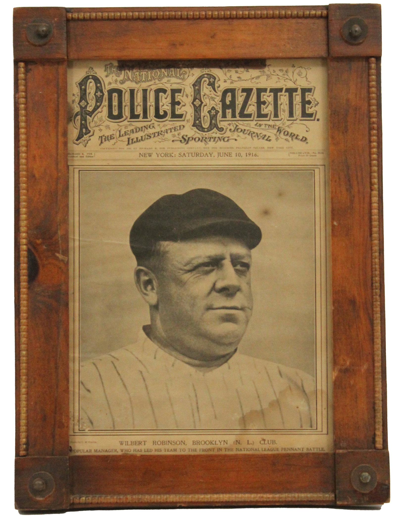 Wilbert Robinson Police Gazette Baseball Print: Police Gazette baseball print of Will Robinson from June 10, 1916.Overall Size: 18 x 13 1/4 in. Sight Size: 14 x 9 3/8 in. #1042