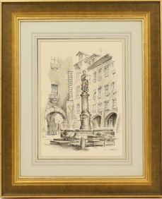 Signed Ink & Wash, Figural Fountain
