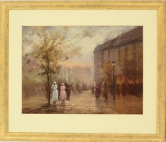Signed Original Pastel, Figures in City