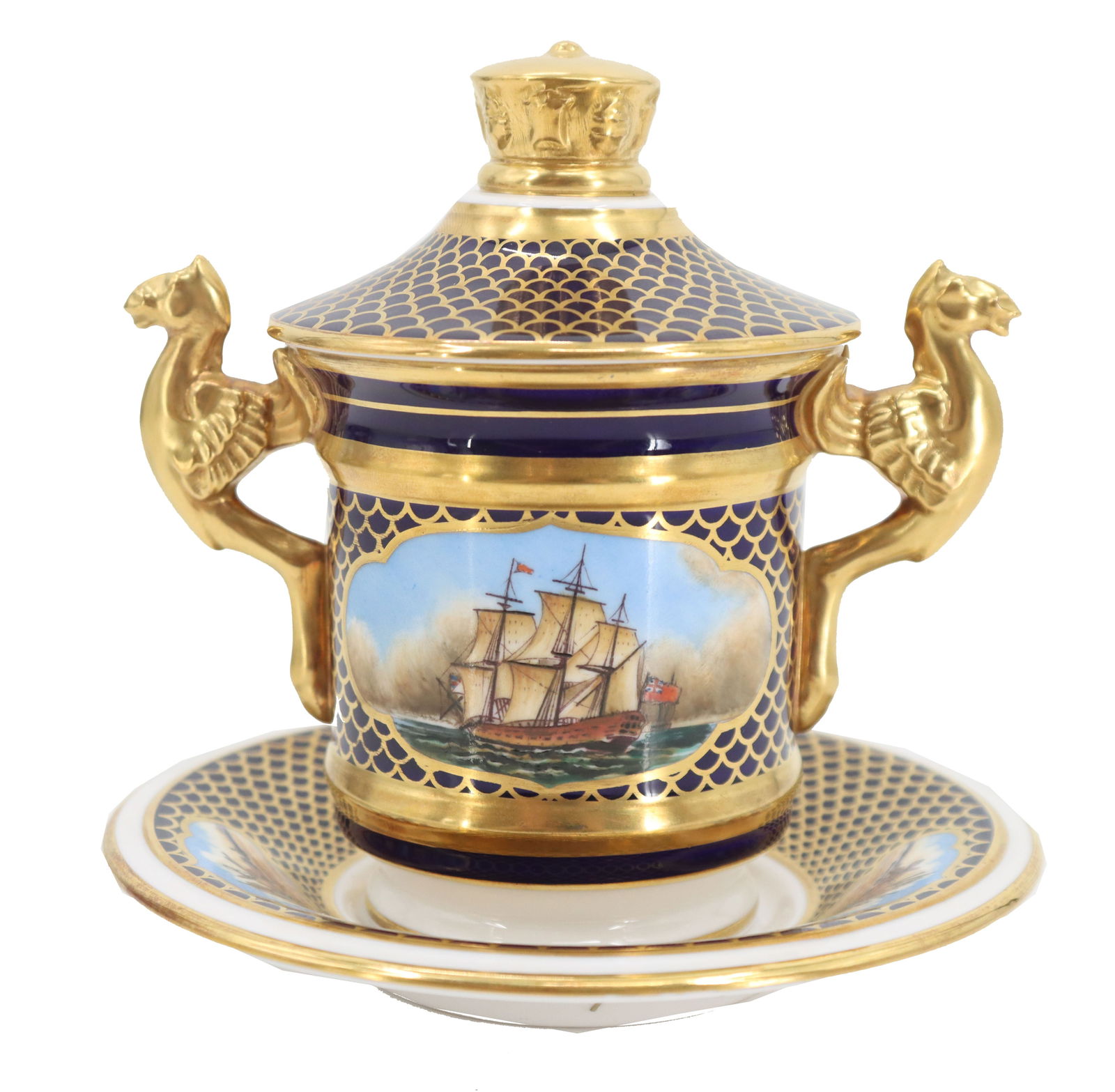 Spode Limited Edition Shipwright's Cup & Saucer: Spode Fine China limited edition hand painted mug and saucer, 'The Shipwright's Cup", featuring paintings of sailing ships and munitions. Signed P. Jones, dated 1983. Numbered130/500.Size: 5 x 5 in. #