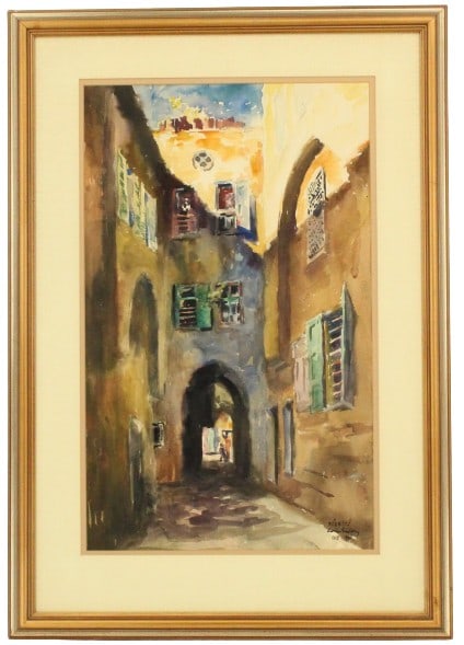 Zvi Miklos Adler Hungarian/Israeli (1909-1965) MM: Zvi Miklos Adler Hungarian/Israeli (1909-1965) MM. Mixed media painting of a tight, European-style alleyway. Signed and dated lower right, 1961.Overall Size: 35 1/4 x 24 3/4 in. Sight Size: 25 3/4 x 1