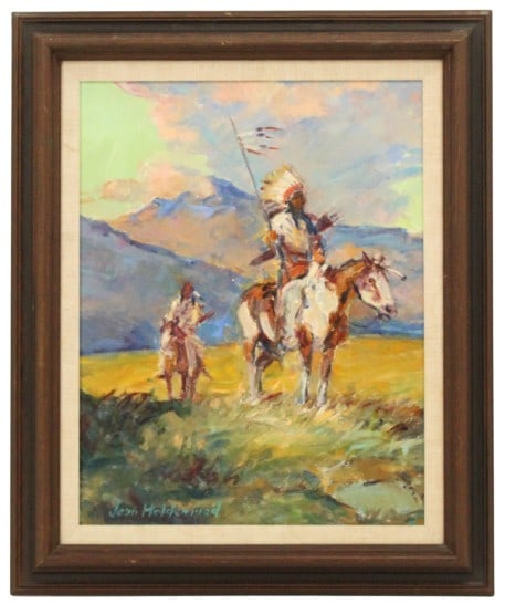 Jean Holdenried (1913-2009) American, Oil/Canvas: Jean Holdenried (1913-2009) American, Oil on Canvas. Signed lower left. Depicts a Native American chief on horseback followed by a companion, with tall mountains and plains in the background. Overall 