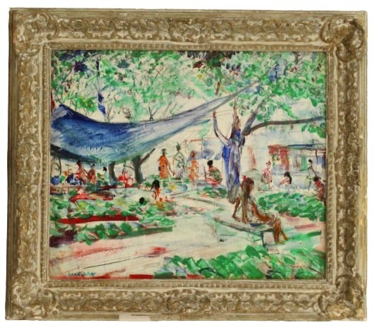 Pascal Cucaro (1915-2004) American, Oil on Panel: Pascal Cucaro (1915-2004) American, Oil on Panel. Signed lower left. Inscribed and original Cory Galleries Stamp on back. Depicts San Francisco market scene. Depth: 3 in. Overall size: 26 3/4 X 30 7/8