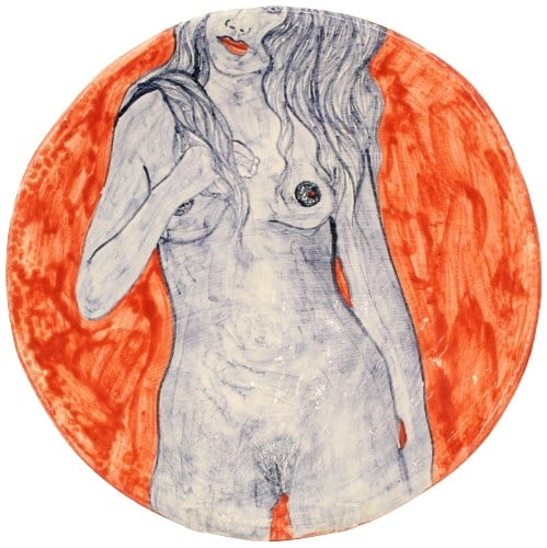 John Verling (1943-2009) Painted Ceramic Dish: John Verling (Irish, 1943-2009) painted ceramic dish featuring what else but a female nude. Signed and dated on base, J. Verling / 2001 / Ballydehob.Condition: Small chip on rim. Size: 13 1/4 x 13 1/4