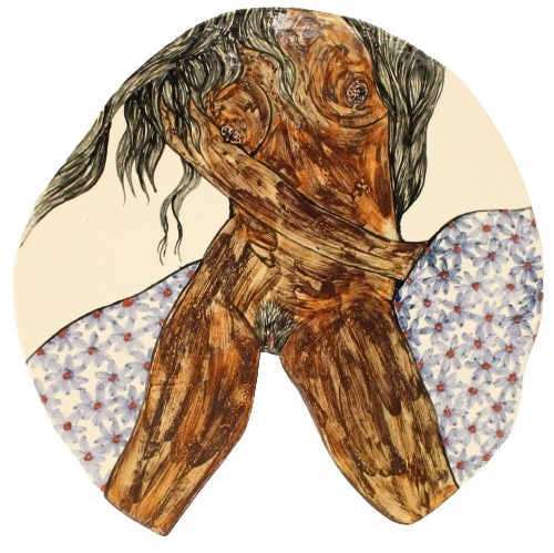 John Verling (1943-2009) Painted Ceramic Dish: John Verling (Irish, 1943-2009) painted ceramic dish featuring what else but a female nude. Titled and dated on base, Brush Fire / 2001 / Ballydehob.Size: 17 x 17 in. #2071 Artist Biography:John Verli