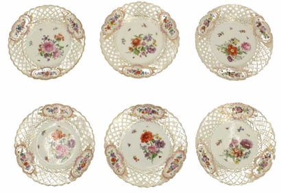 (6) Meissen Hand Painted Reticulated Plates