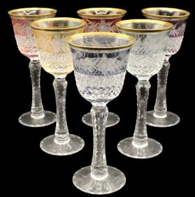 6 Cut to Clear Colored Gold Rim European Stemware