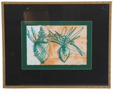 Dale Chihuly (B. 1941) American, Lithograph: Dale Chihuly (B. 1941) American, Lithograph. Signed along bottom. Numbered 61/75 in lower right. Orange and white background with green abstract pineapples. Purchased directly from artist 20+ years