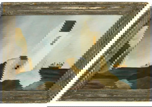 Estelle Chaves (1929-2000) American, Oil on Masonite: Estelle Chaves (1929-2000) American, Oil on Masonite. Modernist Oil Painting of a harbor dated 1960. Signed mid-left bottom. Additional painting on back of a smiling clown, titled "The Senti