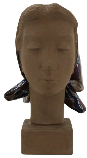 Royal Copenhagen Bust of Woman With Scarf, 1960: Royal Copenhagen Bust of Woman With Scarf. Made in 1960. Designed by Johannes Hedegaard (1915-1999). Inscribed on bottom. Multicolored scarf with exquisite shine against a matte sculpted face. S