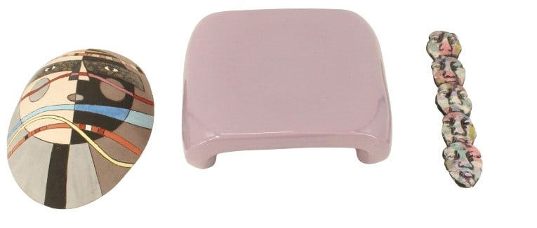 (3) Pieces Art Pottery: Lot comprised of three pieces of art pottery by different creators. Lot including a ceramic mask with bold geometric colors, incise signature 'Mende' on interior; totem pole-shaped arrangemnets of fiv