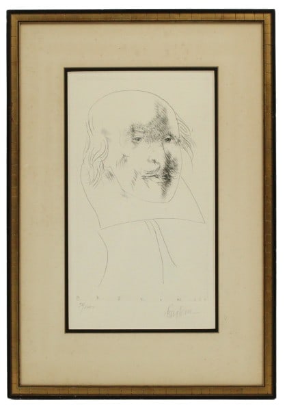 Leonard Baskin (1922-2000) American, Signed & Numbered Etching: Leonard Baskin (1922-2000) American, Signed & Numbered Etching. Image of Shakespeare for "Titus Andronicus." Signed bottom right in pencil. Numbered 38/200X bottom left in pencil. Origin