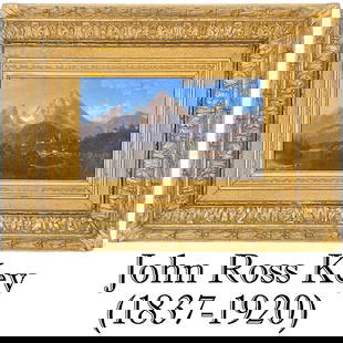 John Ross Key (1837-1920) American, Oil on Canvas: John Ross Key (1837-1920) American, Oil on Canvas. Depicting a mountainous scene with blue skies and a couple stray gray clouds. Signed John R Key in the lower left. Housed in a 4 inch thick gold