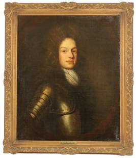 Attr. Sir Godfrey Kneller (1646-1723) British, Oil on Canvas: Attributed to Sir Godfrey Kneller (1646-1723) British, Oil on Canvas. Portrait of a Young Man in Armor.Provenance: Label on the back "Bought by Arthur Lewis Kennaway at Lord Sheffields