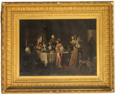 W. Hoff, Old Master Genre Oil on Canvas: Old Master Genre Oil on Canvas. Titled "The Return," reads "W. Hoff Berlin" on reverse.Interior scene with several figures at a table. A couple on the right embracing one