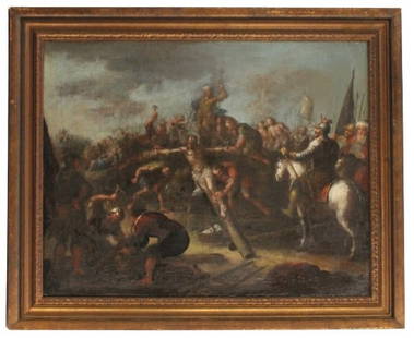 Attributed to Jacques Cuchard (19th Century) Religious Crucifixion Oil on Canvas: Tag on back reads "Painted by Jacques Cuchard." Titled "The Raising of the Cross." Oil on canvas. Overall Size: 24 1/4 x 29 3/8 in. Sight Size: 19 1/4 x 24 3/8
