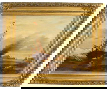 Attr. Edward William Cooke (1811-1880) British, Oil on Canvas: Attributed to Edward William Cooke (1811-1880) British, Oil on Canvas. Title: "Breaming a Calais Lugger." Breaming was a method of cleaning a ship's bottom by careening, then