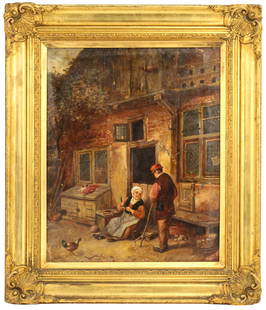 After Adriaen van Ostade (1610-1685) Dutch, Oil on Canvas "A Woman Gutting Herring in front of Her: After Adriaen van Ostade (1610-1685) Netherlands, Oil on Canvas "A Woman Gutting Herring in front of Her House".Overall Size: 29 x 24 in. Sight Size: 20 1/2 x 16 1/2