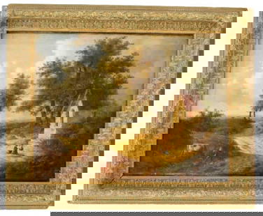 Old Master Signed European Oil on Wood Panel: Old Master European Oil Painting. Signed. Dutch School Circa 1880. Finely detailed view of travellers at a wayside chapel with a town in the distance. Oil on Wood Panel. Signed lower