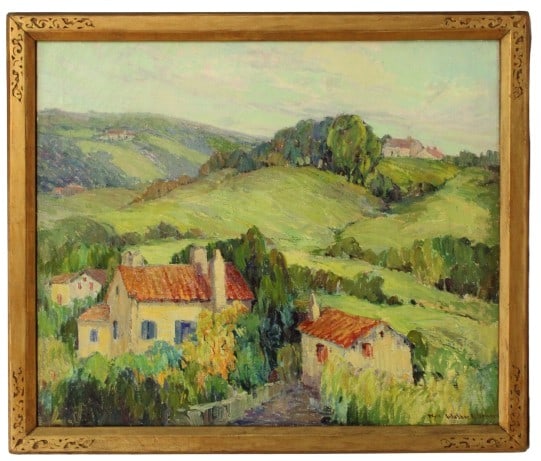 Nell Walker Warner (1891-1970) American, Oil on Canvas: Nell Walker Warner (1891-1970) American, Oil on Canvas. Painting of houses in rolling hills. Signed lower right. Overall: 28 1/2 X 34 1/4 in. Sight: 24 3/4 X 30 in. #2723 . Nel