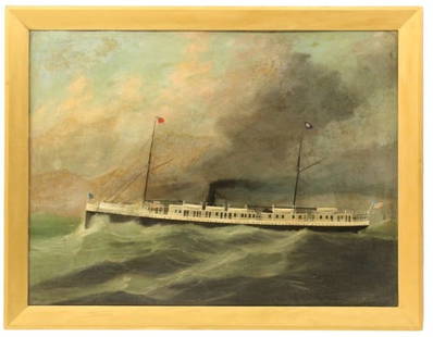 Rare American West Coast Painting of Steamship S.S. Umatilla, Oil on Board: Rare American West Coast Painting of Steamship S.S. Umatilla. Oil on Board. Remnants of antique San Francisco newspaper attached to back of frame. Overall: 20 3/4 X 26 3/4 in. Sight size: