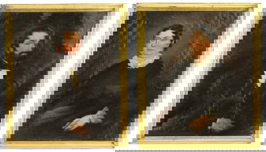 Oil Portraits, Attributed to Ammi Phillips (1788-1865): Two early portraits, one of a man and the other of a woman, attributed to American artist Ammi Phillips. Unsigned, oil on canvas, as is, condition commensurate with age.Ammi Phillips was born in