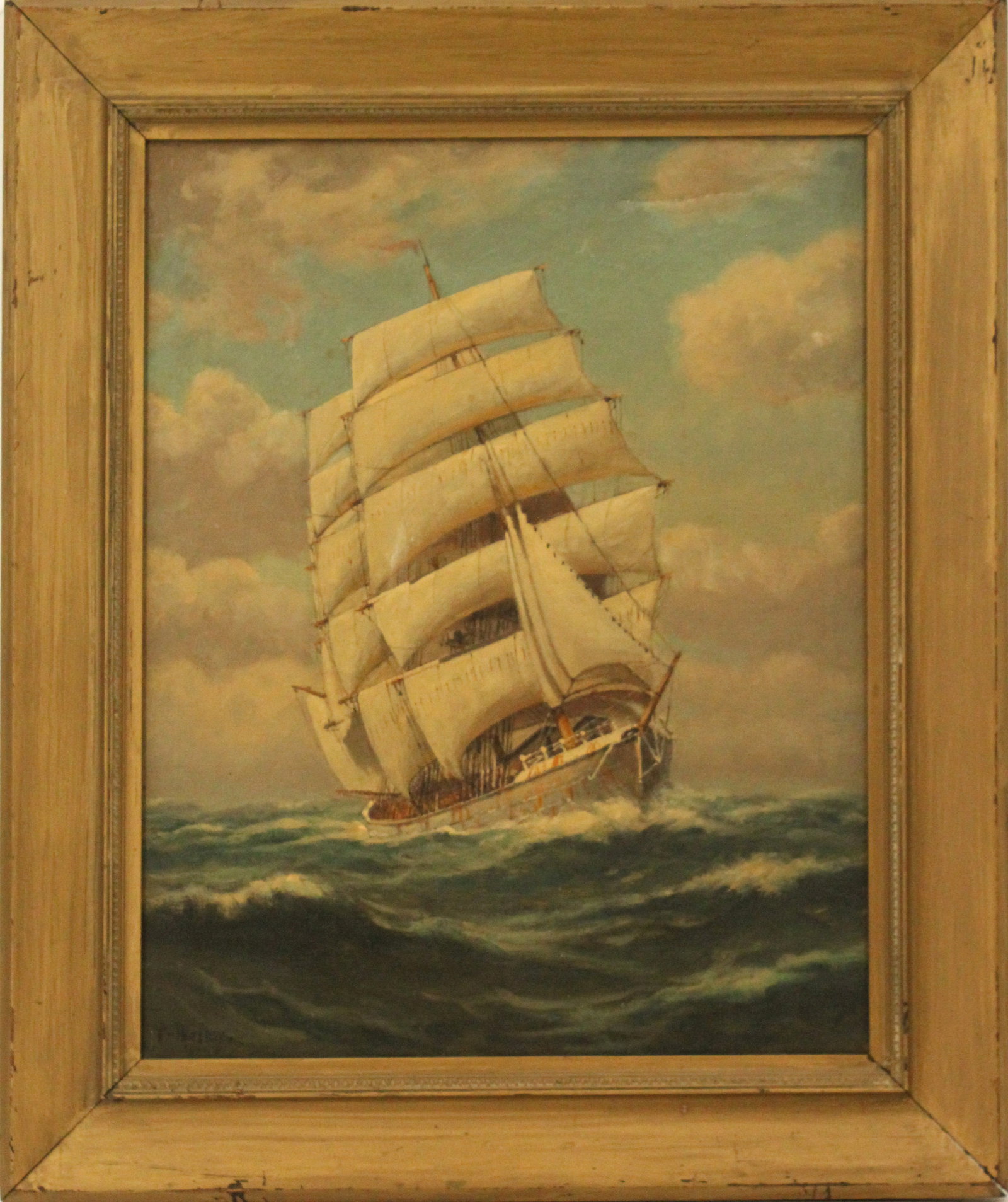 T. Bailey (19th/20th Century) American, Maritime Oil on Canvas: T. Bailey (19th/20th Century) American, Maritime Oil on Canvas. Depicts a vessel fully rigged barreling through rough seas, extremely similar to a painting done by William Frederick Paskell. Signed bo