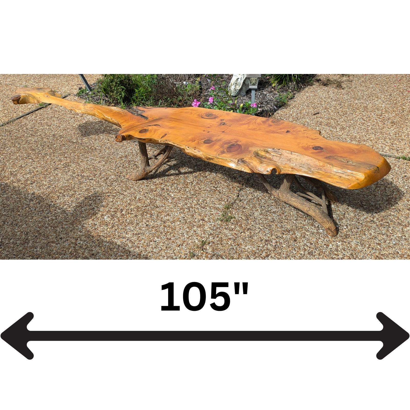 Live Edge Knotted Wooden Bench / Coffee Table: This organically shaped bench or coffee table is constructed from high-quality wood, showcasing its natural grain and rich color. The rustic design features a unique base made of natural wood branches