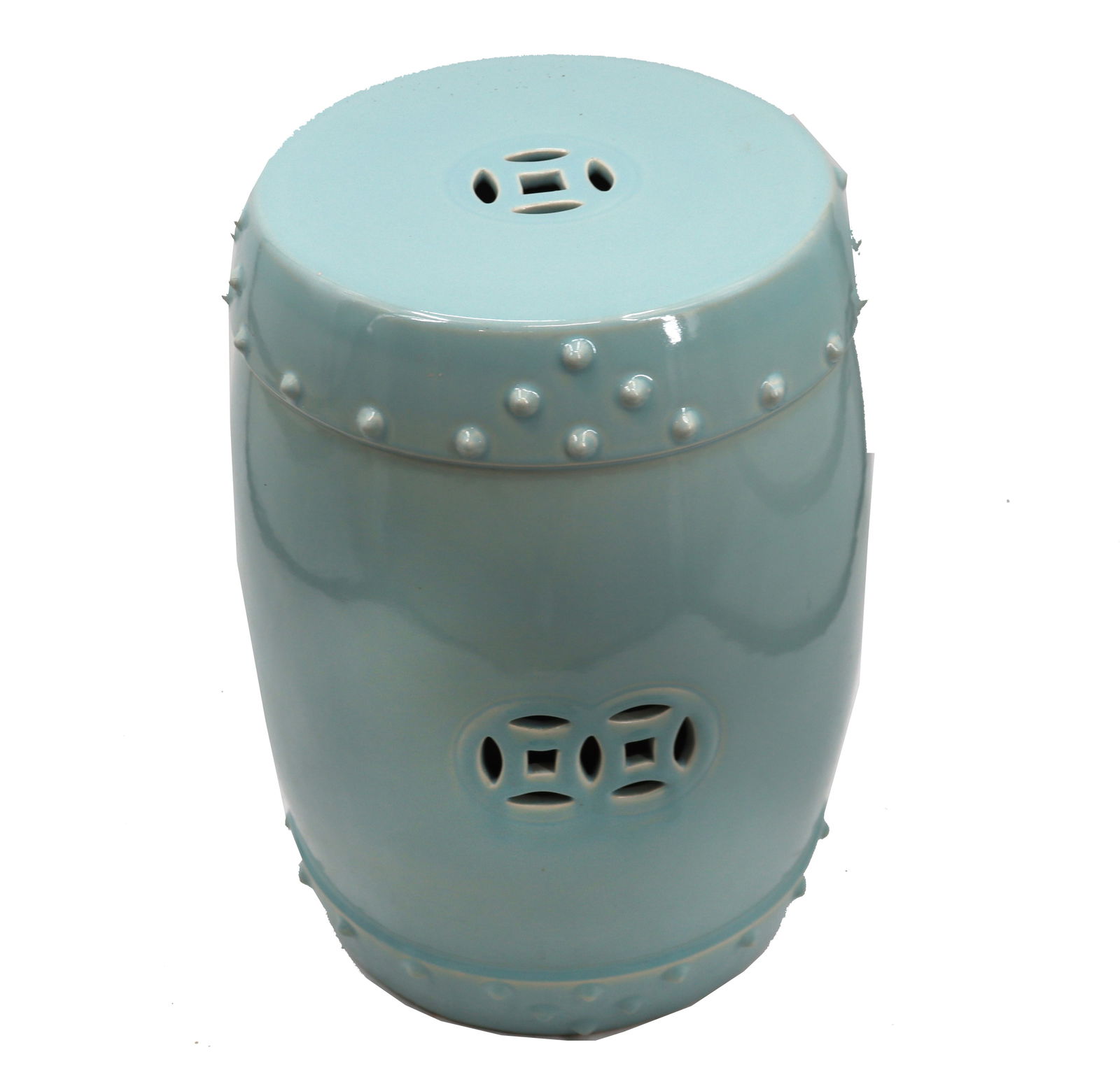 Garden Seat: Blueish-Green Celadon Porcelain Garden Seat Of Barrel form with bead borders. Condition: Crack on one side. Size: 14 x 14 x 20 in.#7813