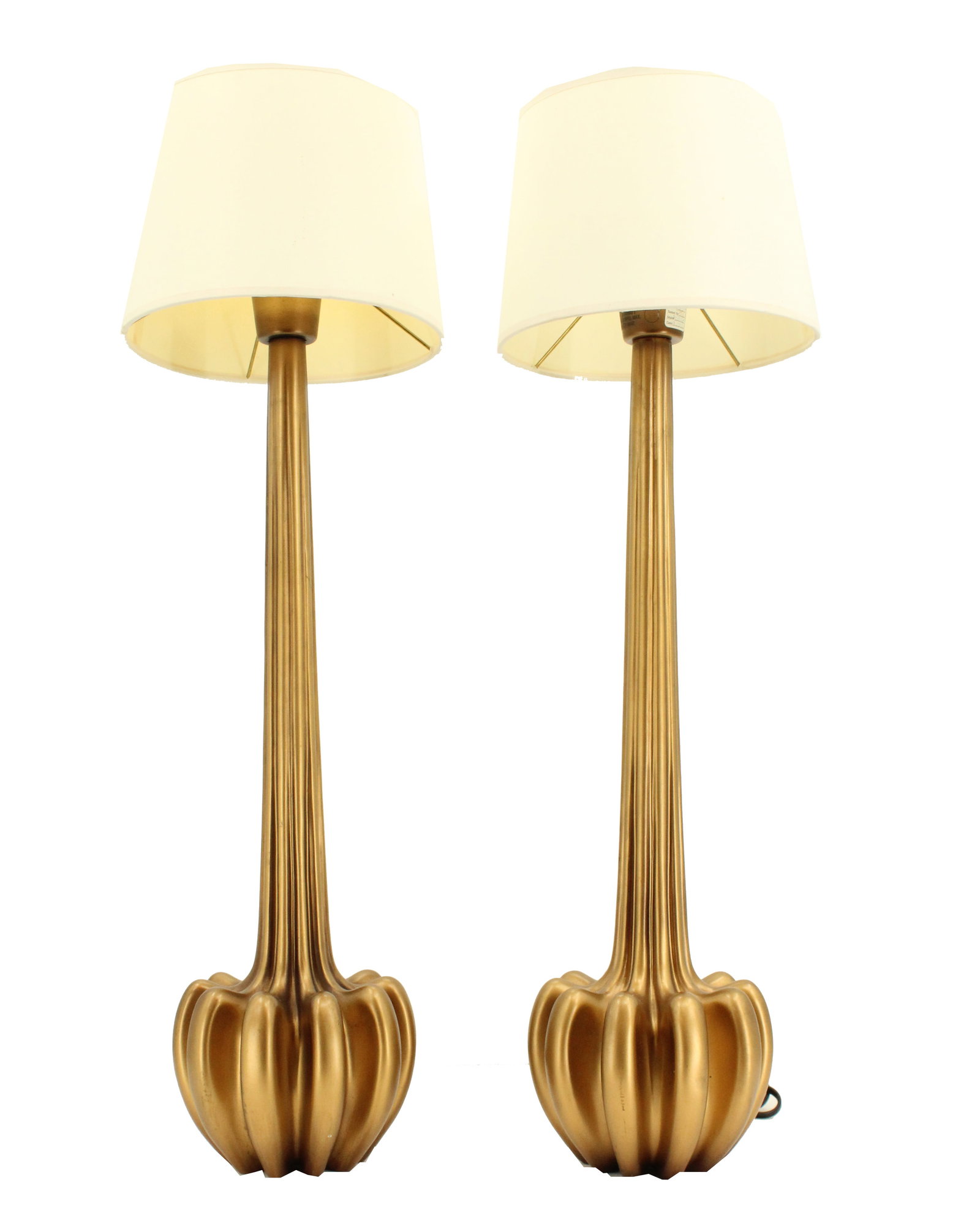 Pair of Gilt High Stem Ribbed Weighted Lamps: Pair of Gilt High Stem Ribbed Weighted Lamps. Has dimming switch. Good Condition. Lighting Works. Plug / Wire not worn. Size: 9 3/4 x 9 3/4 x 32 1/4 in. #4078